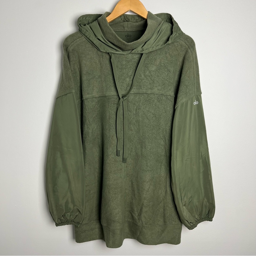 ALO YOGA FLEECE/NYLON HOODIE OVERSIZED S FOREST GREEN
